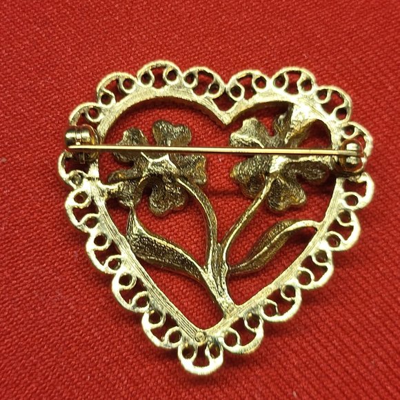 VTG Open Gold Tone Filigree Heart Floral  Faux Pearl Center Pin Brooch - Picture 5 of 11
